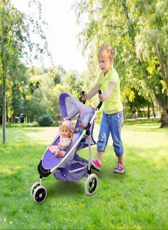 Anivia Doll Stroller Toy Anivia Realistic Twin Dolls Pram, Doll Pushchair with Shopping Basket Heart Design Gifts for Toddlers and Girls Foldable Baby Doll Stroller Toy (DA310pur) - Image 2